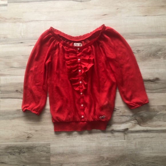 Hollister Sheer Red Blouse with Ruffle Front - Picture 5 of 6